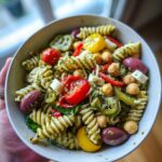 A vibrant bowl of Italian pasta salad featuring rotini pasta, cherry tomatoes, olives, chickpeas, and mozzarella in a pesto dressing.