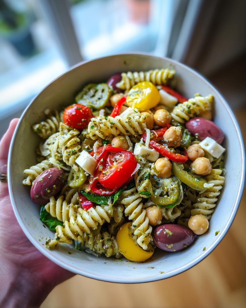 A close-up of a bowl filled with vibrant Italian pasta salad, featuring fusilli pasta, cherry tomatoes, olives, chickpeas, and feta cheese.