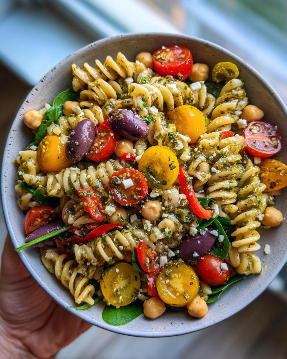 A vibrant bowl of Italian pasta salad featuring fusilli pasta, cherry tomatoes, olives, chickpeas, and feta cheese, tossed in a pesto dressing.