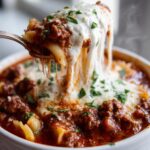 A spoonful of steaming lasagna soup, loaded with meat sauce, pasta, and melted mozzarella cheese.
