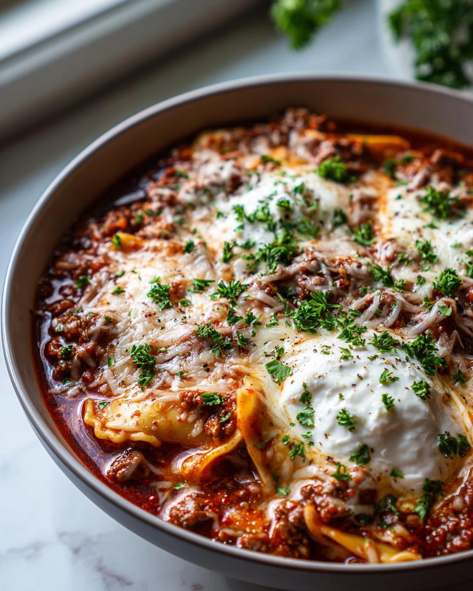A close-up of a bowl of delicious lasagna soup topped with melted cheese, dollops of ricotta, and fresh parsley.