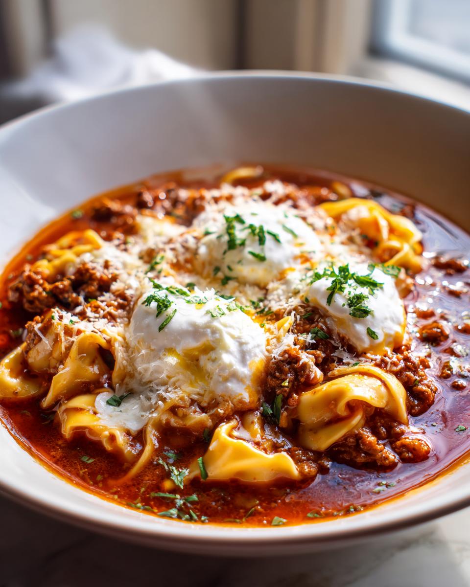 A close-up of a bowl of delicious lasagna soup, topped with dollops of ricotta cheese and fresh parsley.