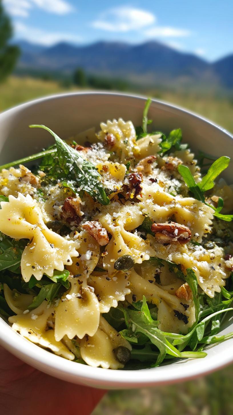 30 Minute Lemon Arugula Pasta Salad Zest 4 A close-up of a bowl of Lemon Arugula Pasta Salad featuring farfalle pasta, fresh arugula, walnuts, and capers, topped with grated cheese.