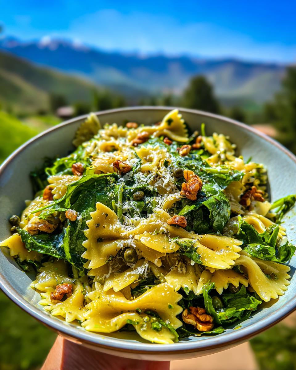 30 Minute Lemon Arugula Pasta Salad Zest 5 A close-up of a bowl of Lemon Arugula Pasta Salad with farfalle pasta, fresh arugula, walnuts, capers, and grated cheese.