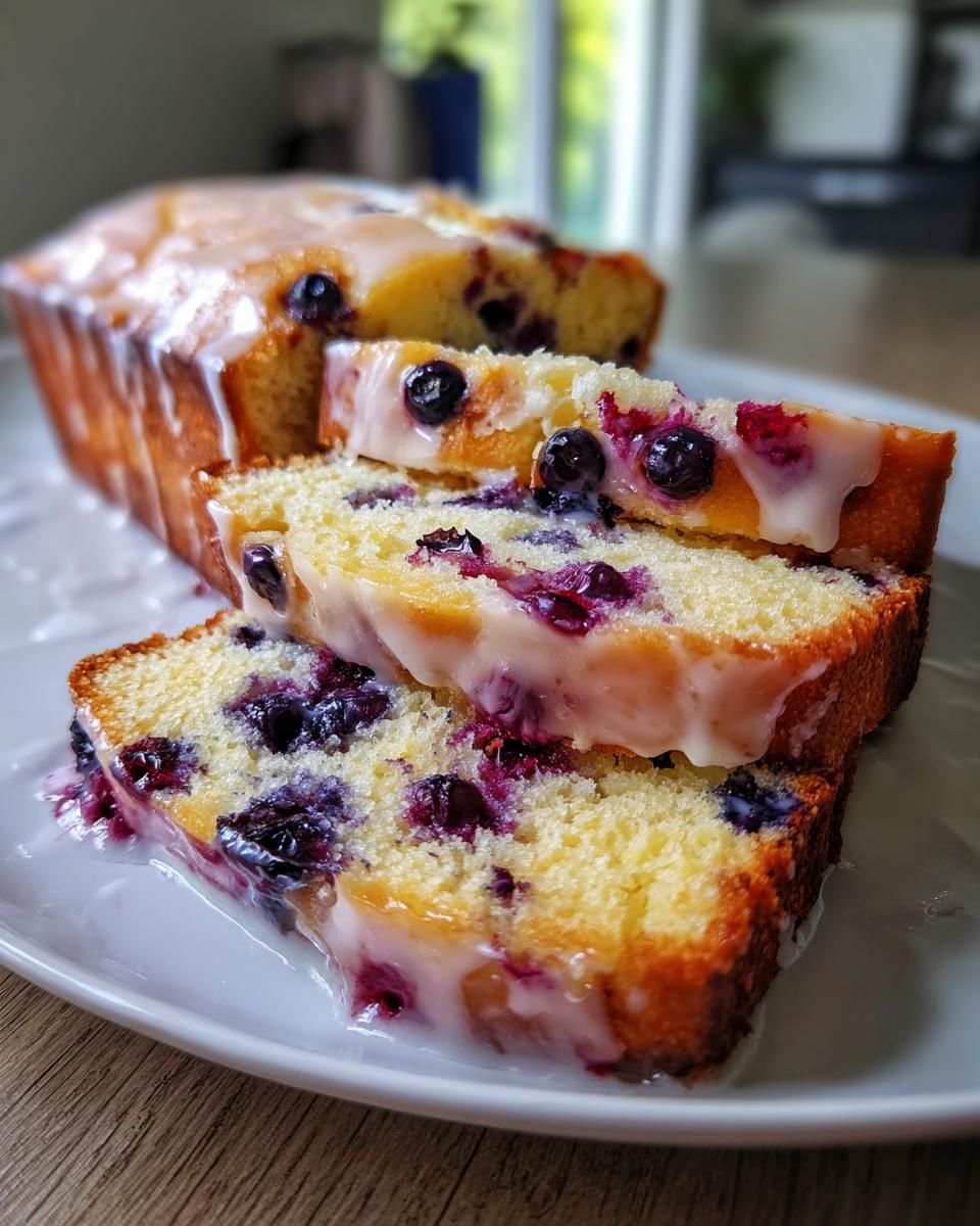 Close-up of sliced lemon blueberry pound cake with a white glaze and fresh blueberries.