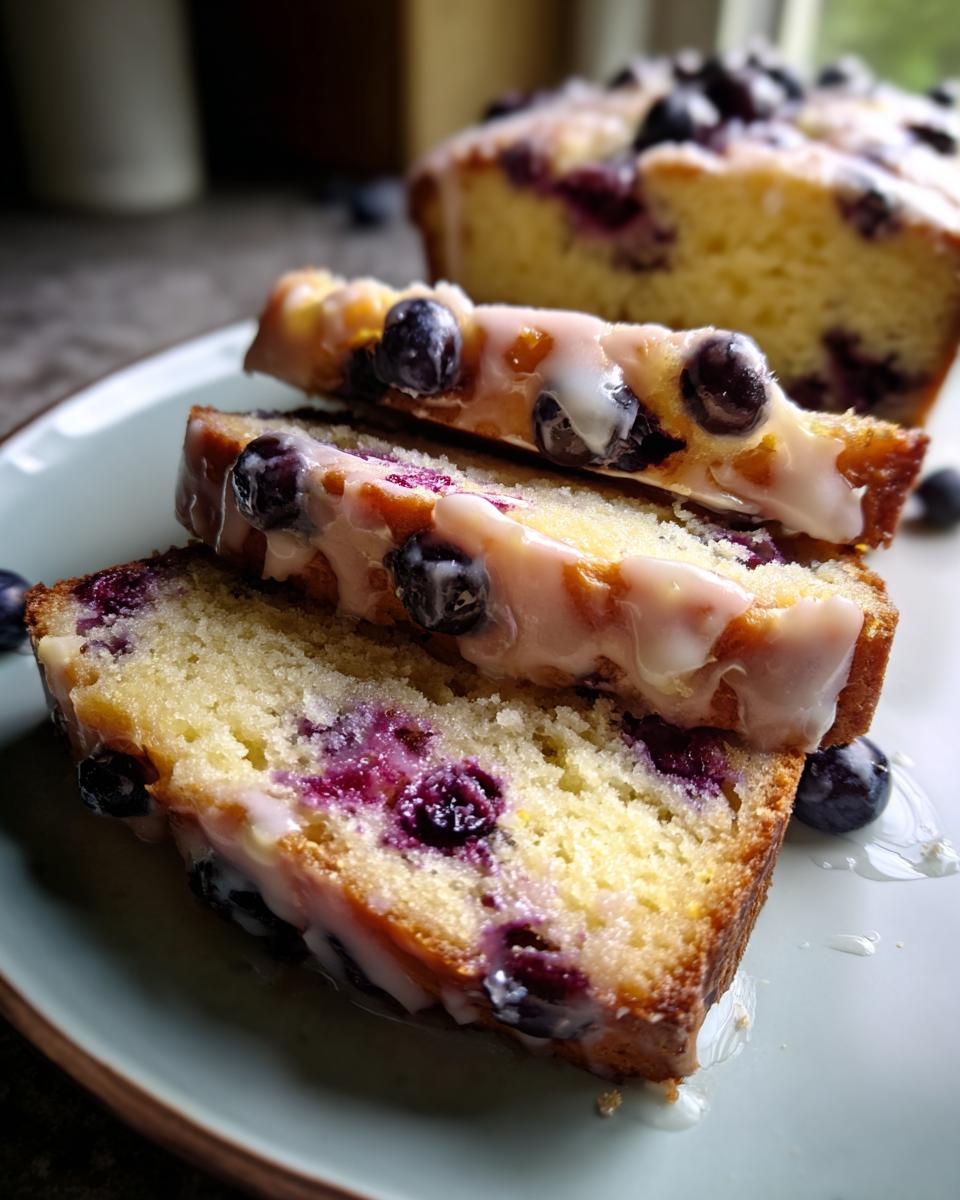 Close-up of three slices of lemon blueberry pound cake, drizzled with glaze and topped with fresh blueberries.