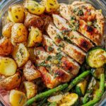 A clear glass container filled with Lemon Garlic Chicken Meal Prep Bowls featuring sliced chicken breast, roasted potatoes, zucchini, and green beans.