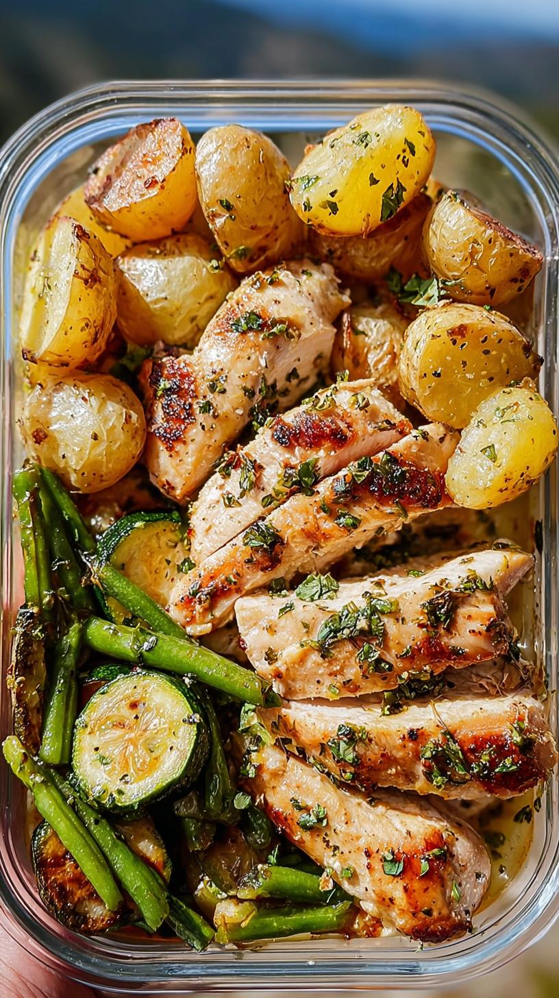 Overhead view of a meal prep container filled with Lemon Garlic Chicken Meal Prep Bowls, featuring sliced chicken breast, roasted potatoes, and green beans with zucchini.