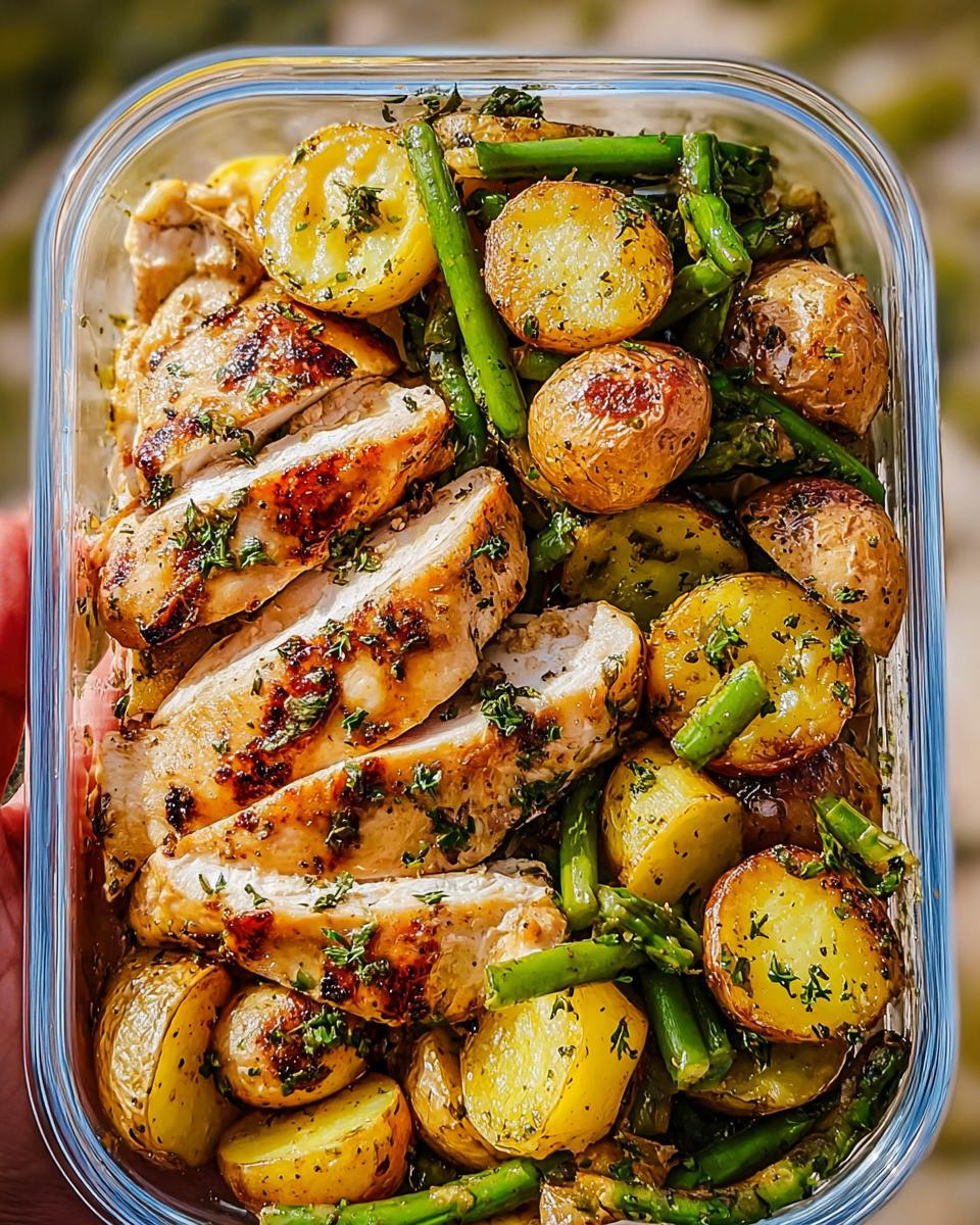 A clear glass container filled with Lemon Garlic Chicken Meal Prep Bowls, featuring sliced chicken breast, roasted potatoes, and asparagus.