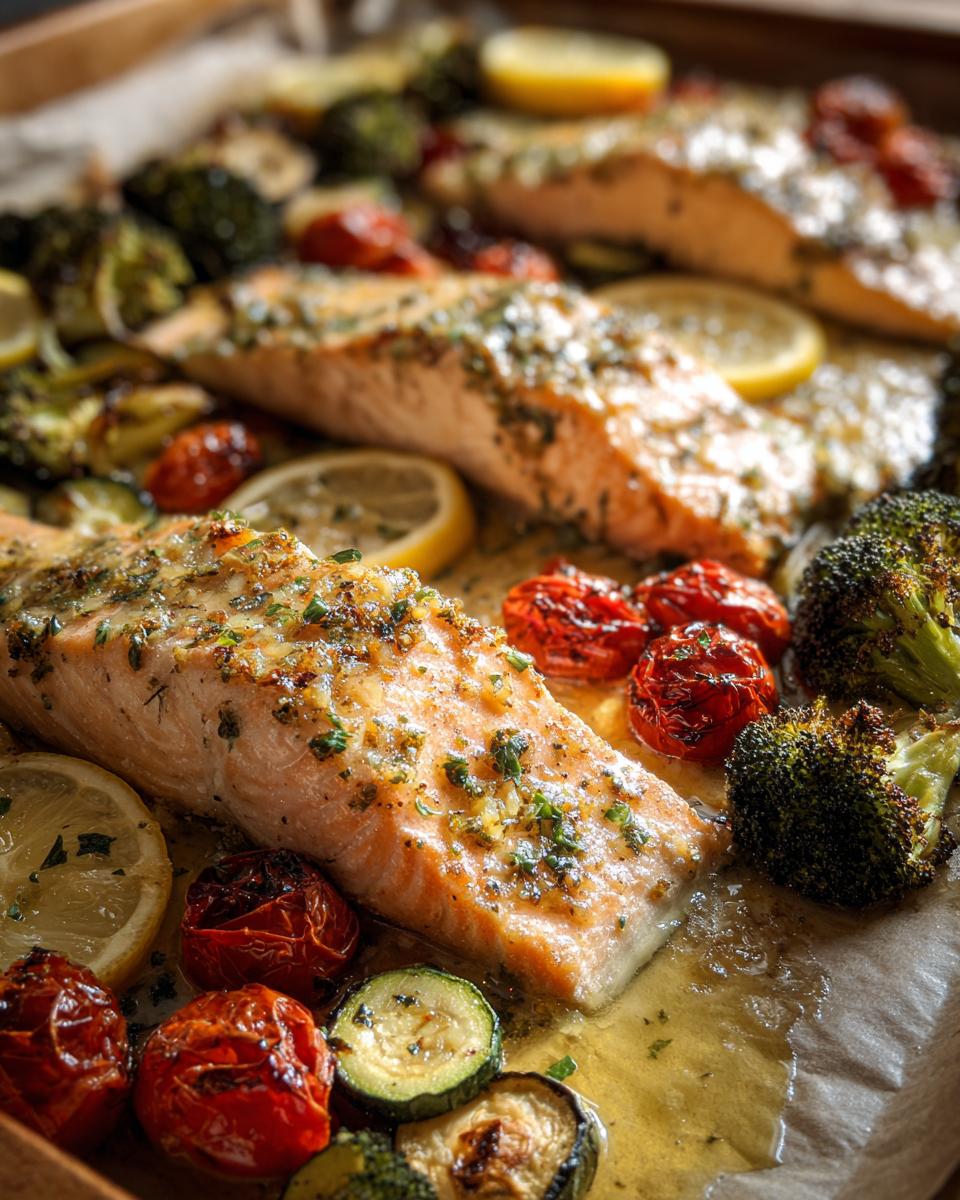 Close-up of baked lemon garlic salmon fillets with roasted broccoli, cherry tomatoes, and zucchini slices.