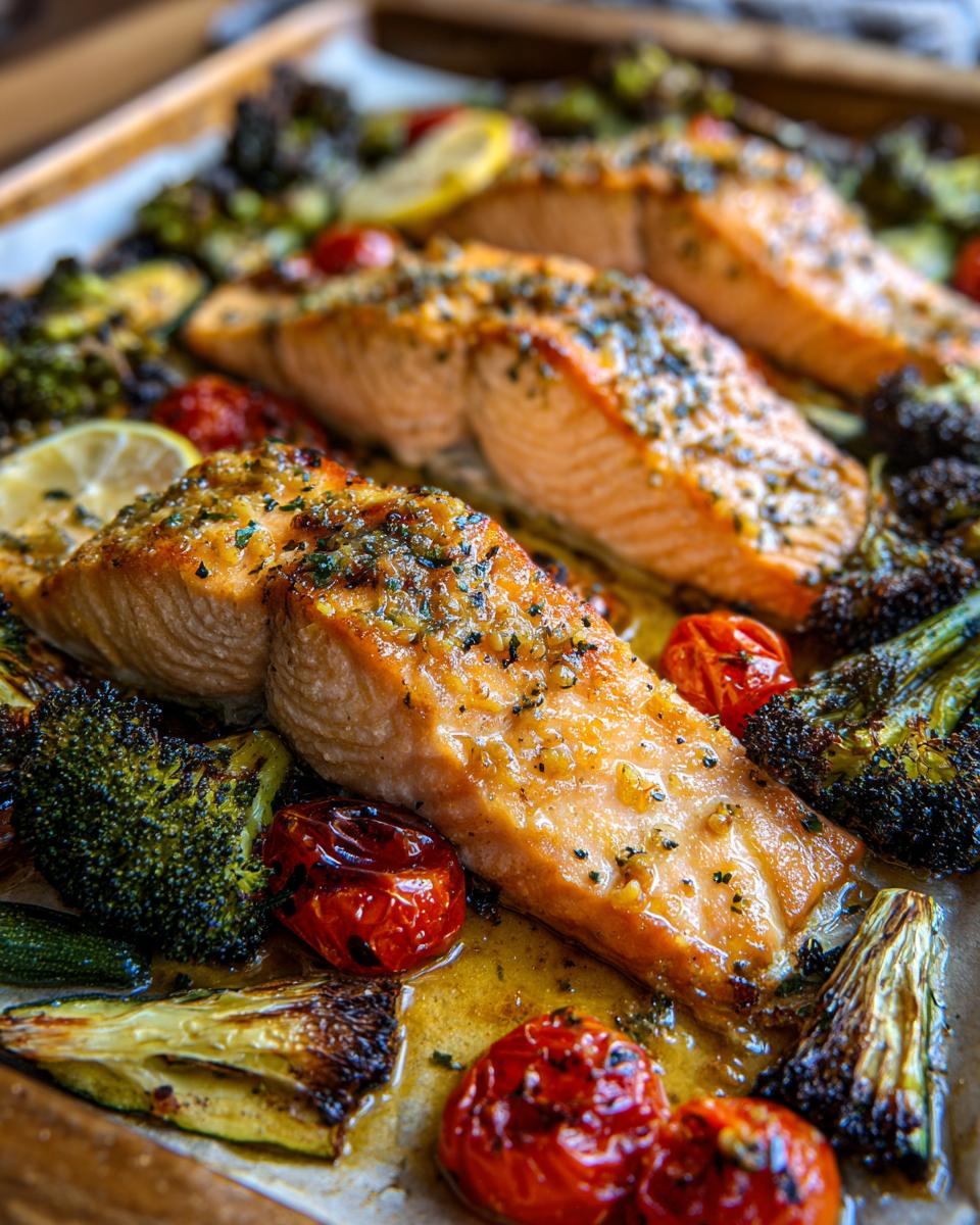 Close-up of three baked lemon garlic salmon fillets with roasted broccoli, cherry tomatoes, and zucchini on a baking sheet.