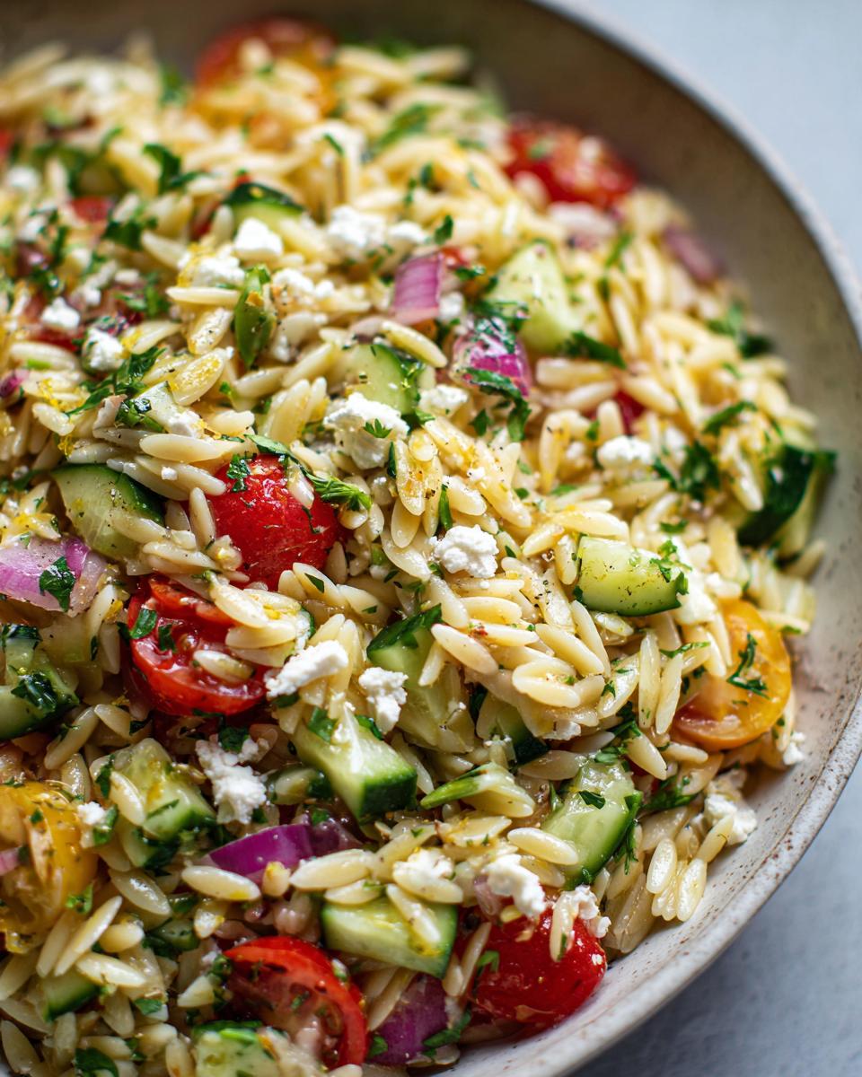 Close-up of a vibrant lemon orzo salad with cherry tomatoes, cucumber, red onion, feta cheese, and fresh parsley.