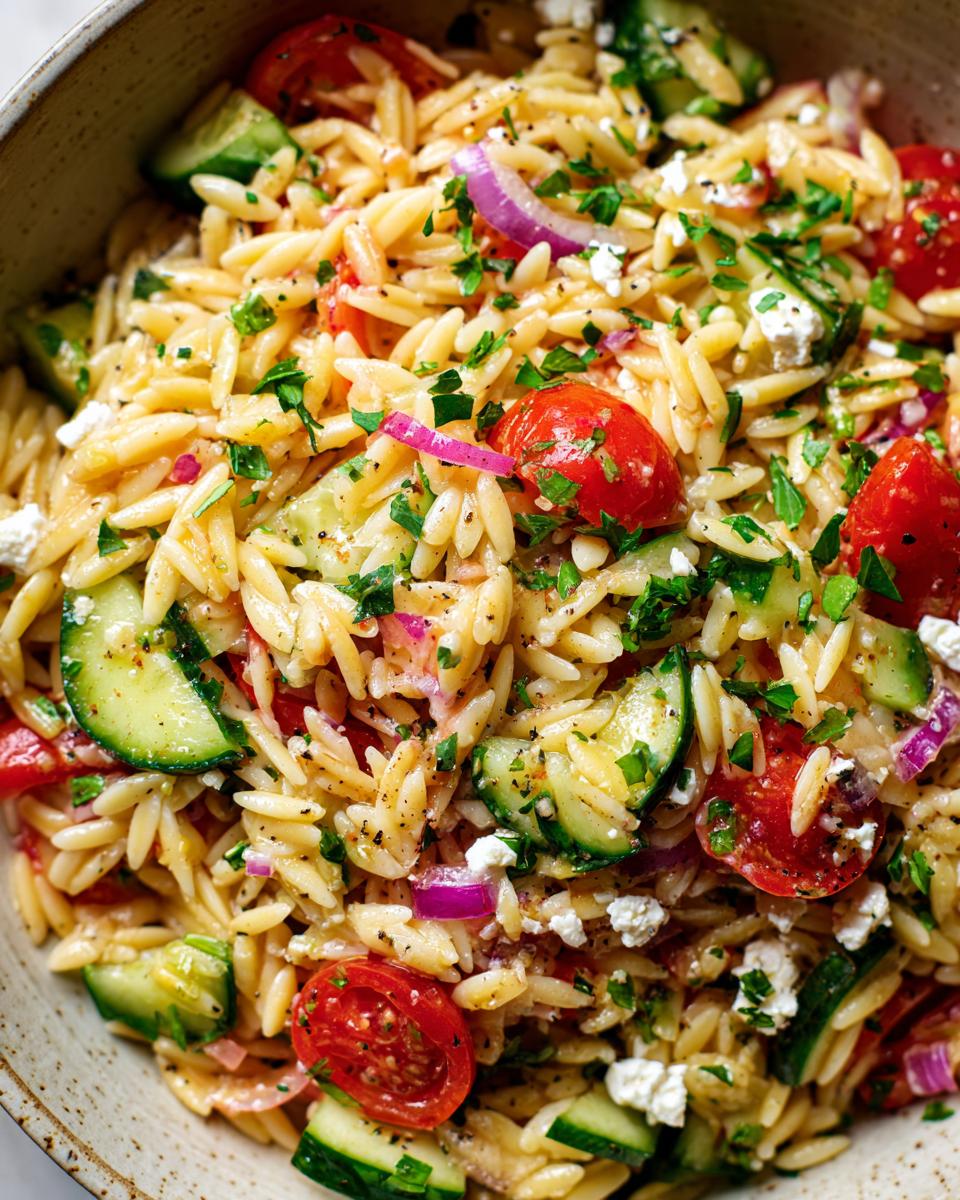 Close-up of a vibrant lemon orzo salad with cherry tomatoes, cucumber, red onion, feta cheese, and parsley.
