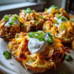 Close-up of crispy loaded potato skins topped with melted cheese, shredded chicken, sour cream, and chopped green onions.