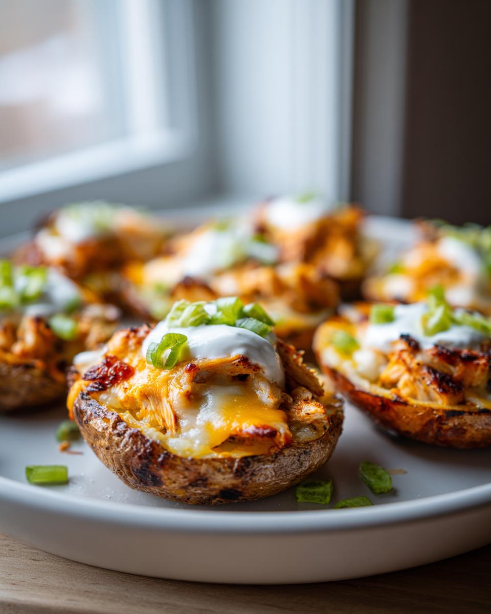 Close-up of crispy loaded potato skins filled with shredded chicken, melted cheese, and a dollop of sour cream, garnished with green onions.