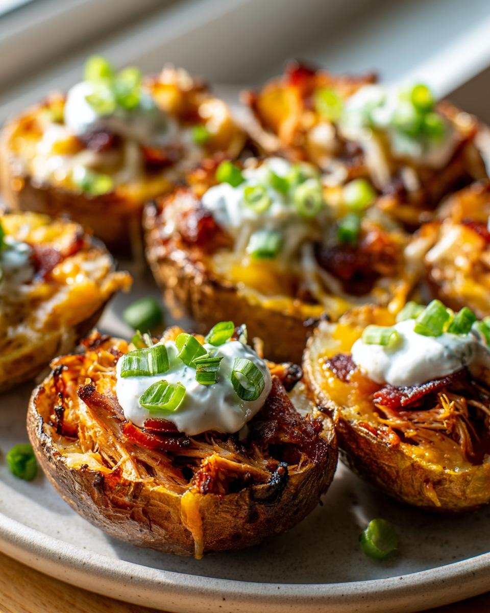A close-up of crispy loaded potato skins filled with pulled pork, cheese, and topped with sour cream and green onions.