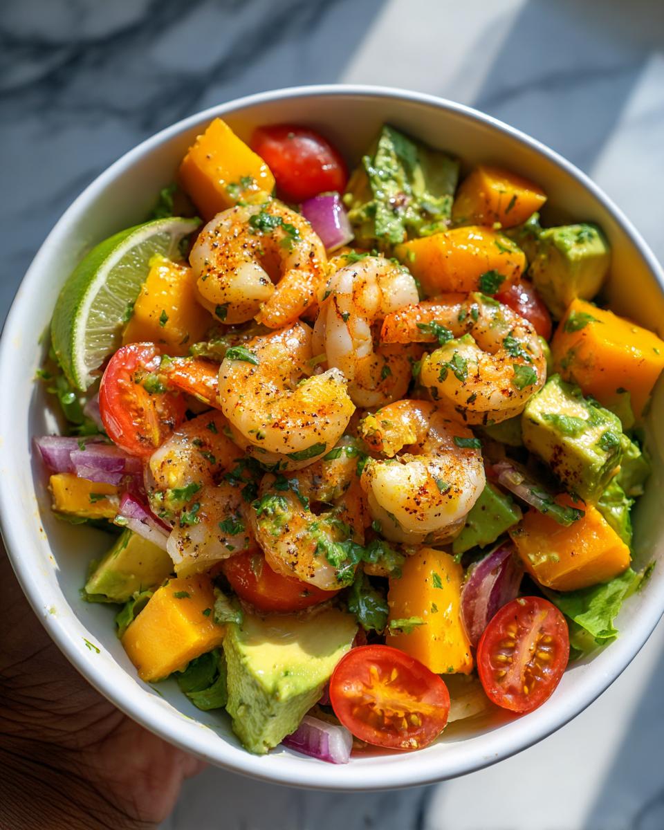 A vibrant bowl of mango avocado shrimp salad with cherry tomatoes, red onion, and a lime wedge.