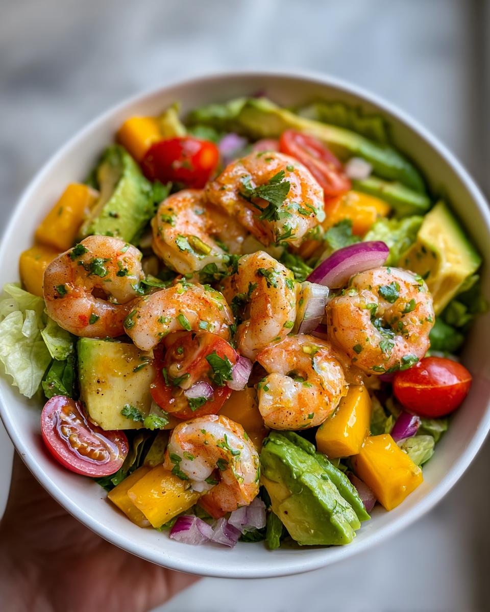 A vibrant bowl of mango avocado shrimp salad, featuring plump shrimp, diced mango, creamy avocado, cherry tomatoes, and red onion.