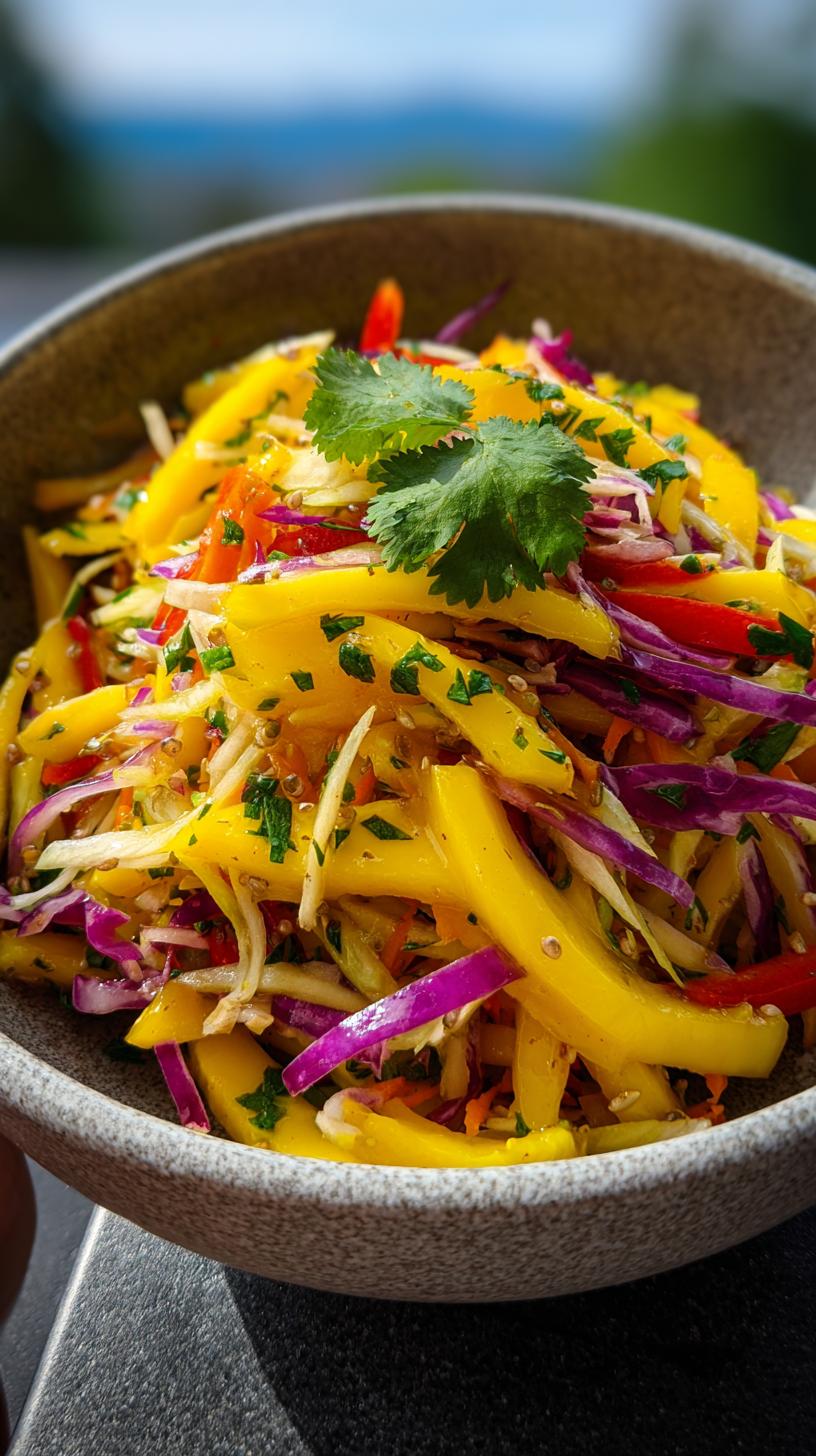 A close-up of a refreshing Mango slaw in a bowl, featuring sliced mango, red cabbage, bell peppers, and cilantro.