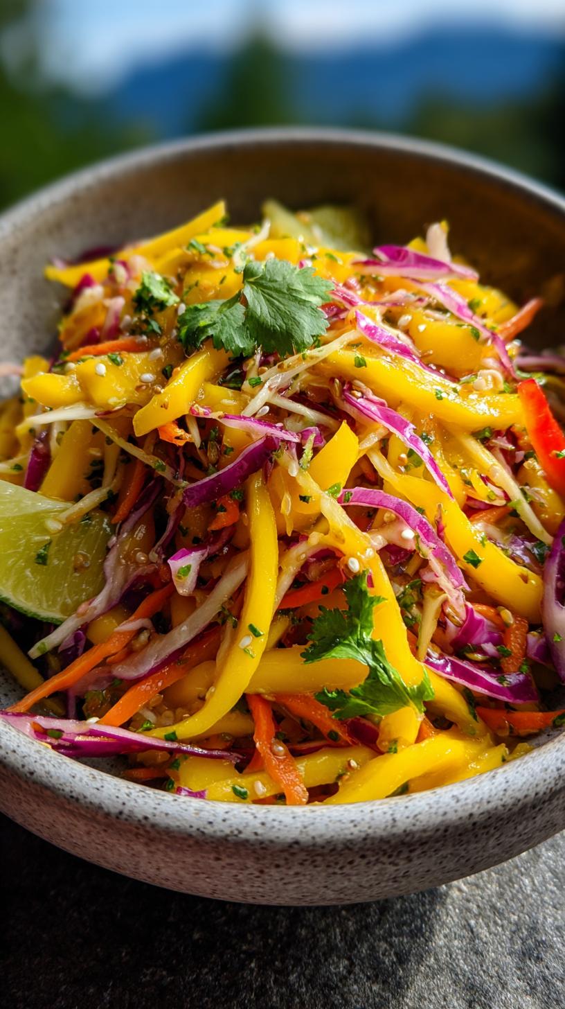 Close-up of a colorful mango slaw in a bowl, featuring julienned mango, red cabbage, carrots, and cilantro.