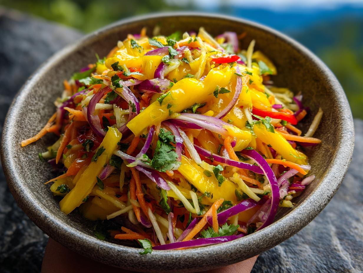 A close-up of a colorful mango slaw salad with shredded carrots, red onion, cilantro, and red pepper in a rustic bowl.