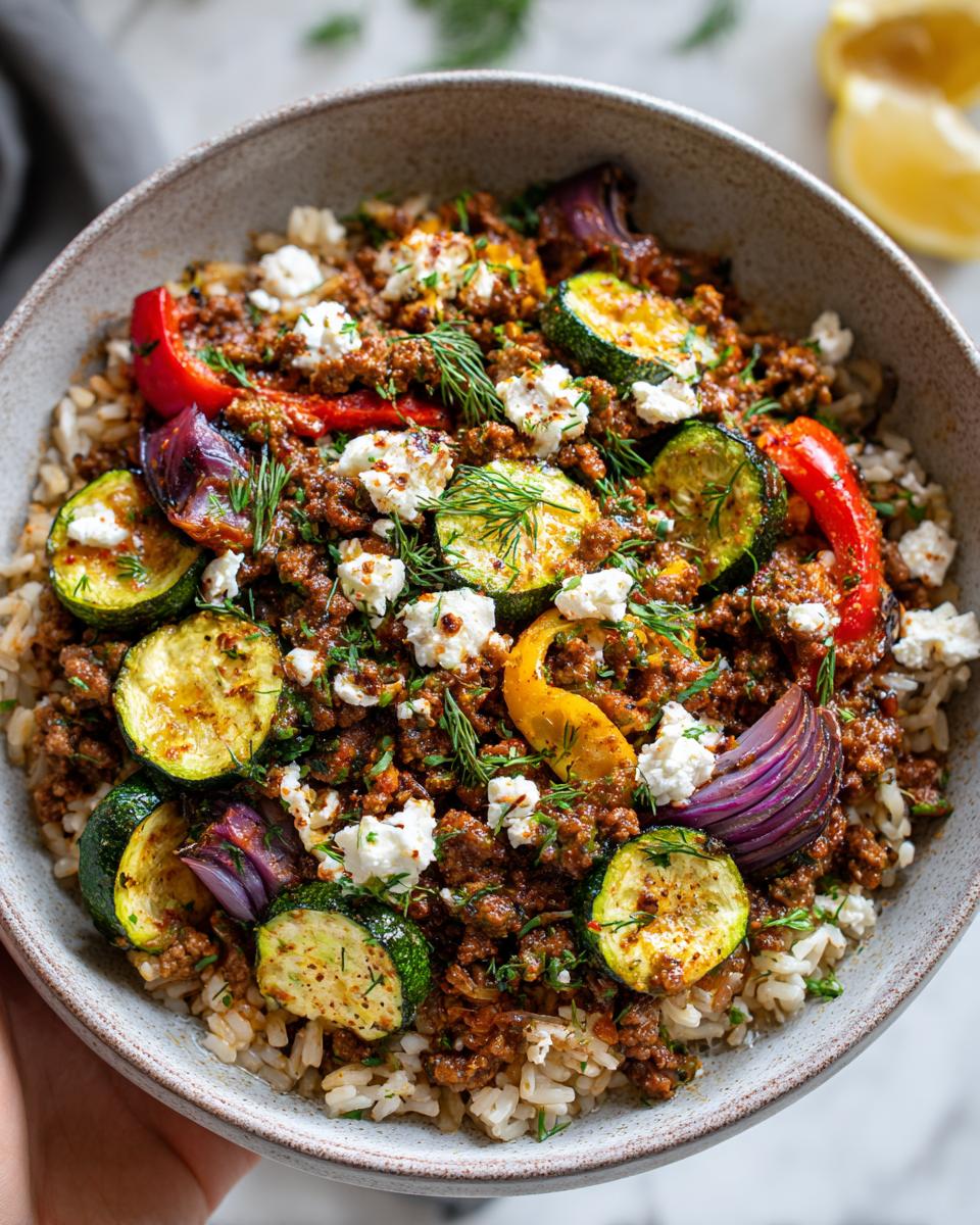 A bowl of Mediterranean beef skillet served over rice, topped with zucchini, bell peppers, red onion, feta cheese, and dill.