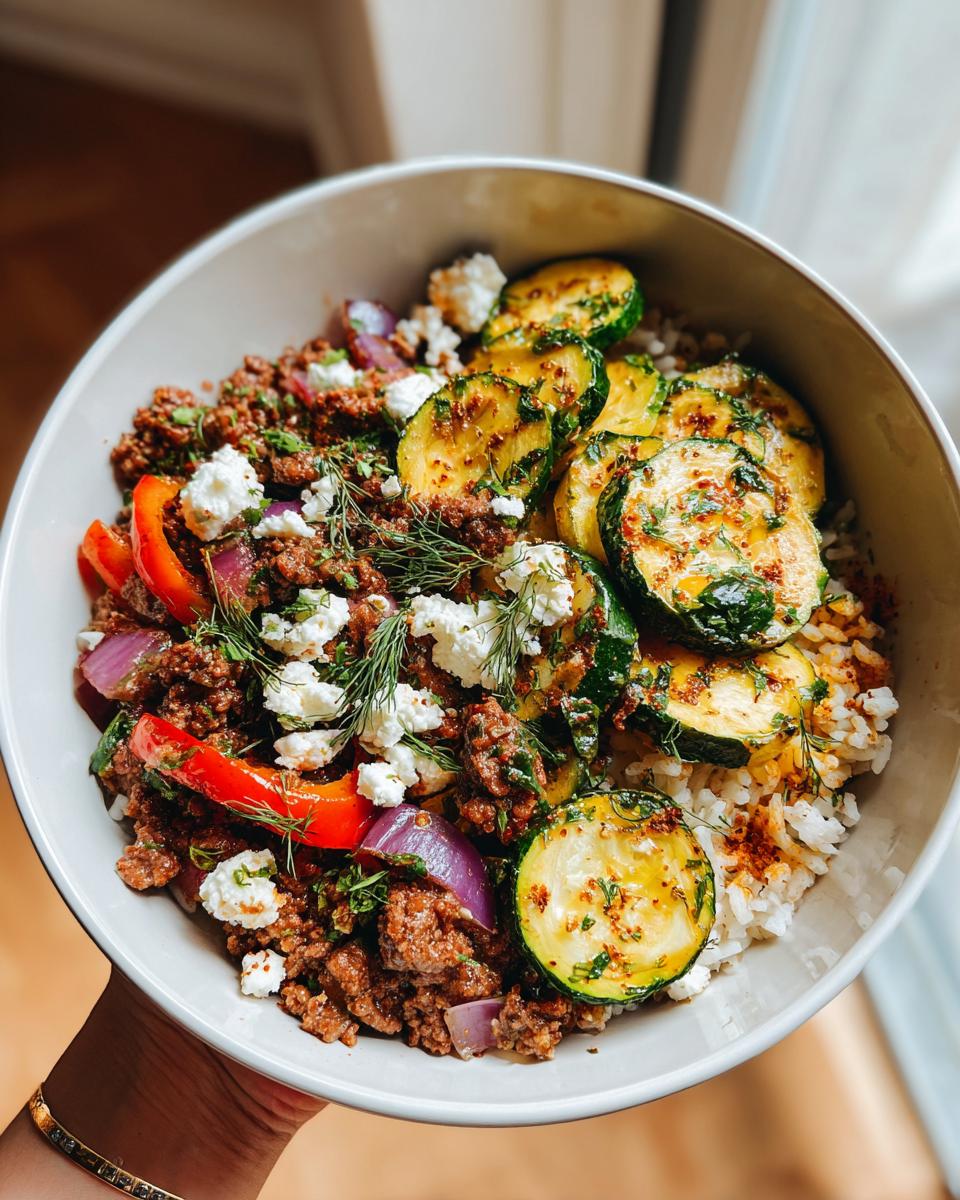 A close-up of a Mediterranean beef skillet served over rice, topped with zucchini, red pepper, red onion, and feta cheese.