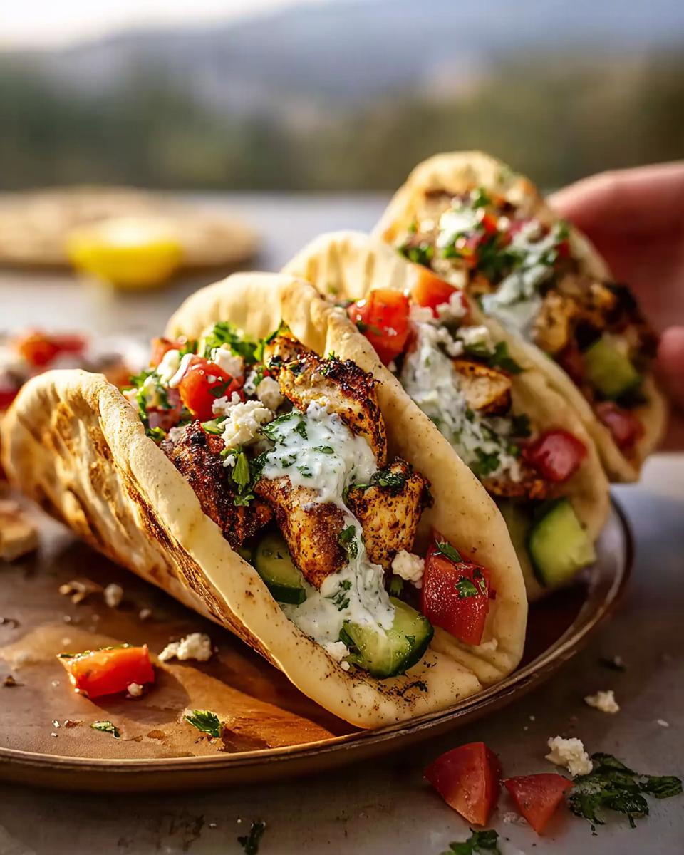 Close-up of three Mediterranean Chicken Tacos filled with grilled chicken, cucumber, tomato, feta, and tzatziki sauce.
