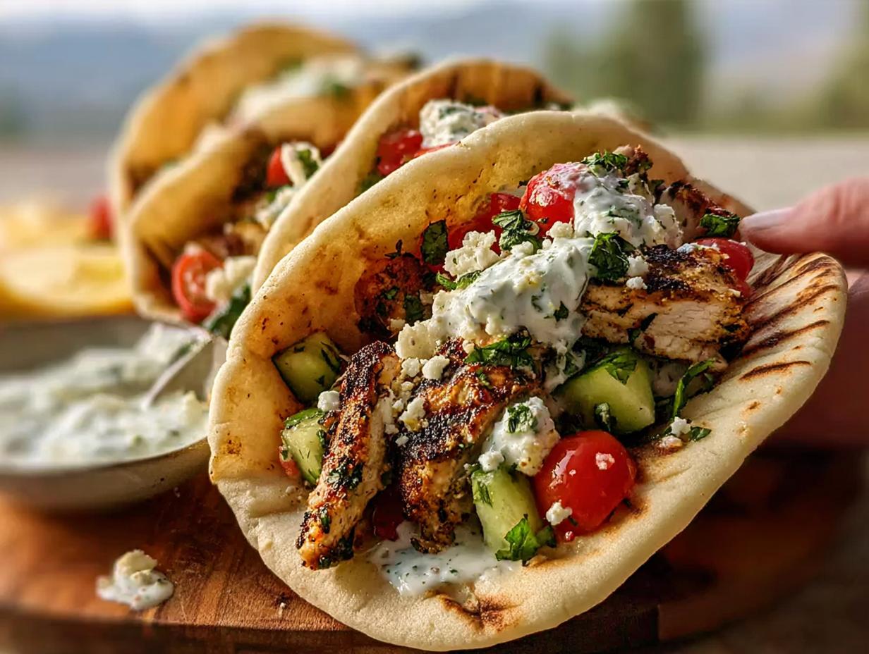 Close-up of a Mediterranean Chicken Taco filled with grilled chicken, cucumber, tomatoes, feta, and tzatziki sauce.