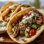 Close-up of a Mediterranean Chicken Taco filled with grilled chicken, cucumber, tomatoes, feta cheese, and creamy sauce.