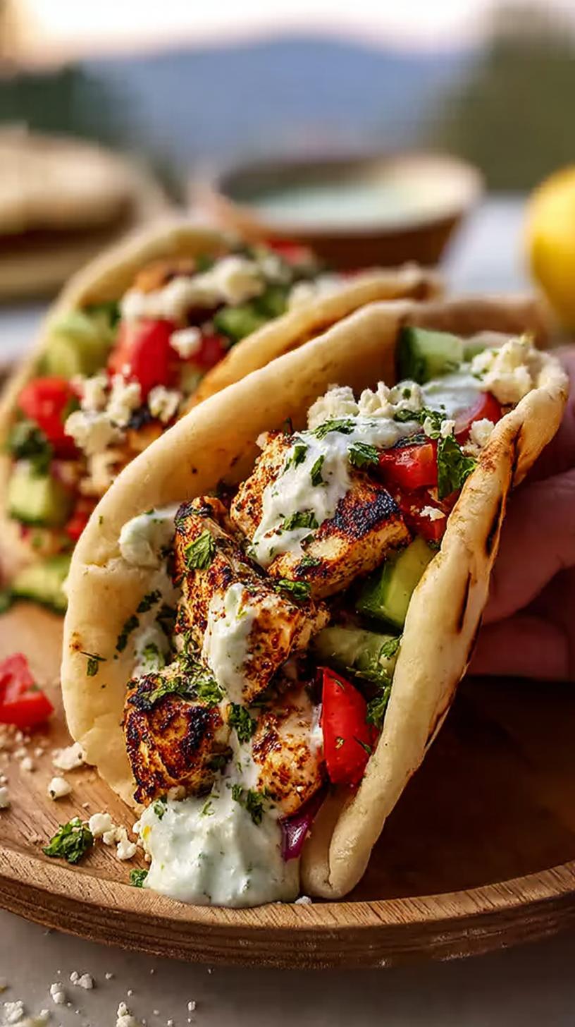 Close-up of a hand holding a Mediterranean Chicken Taco, filled with grilled chicken, cucumber, tomato, feta, and tzatziki sauce.