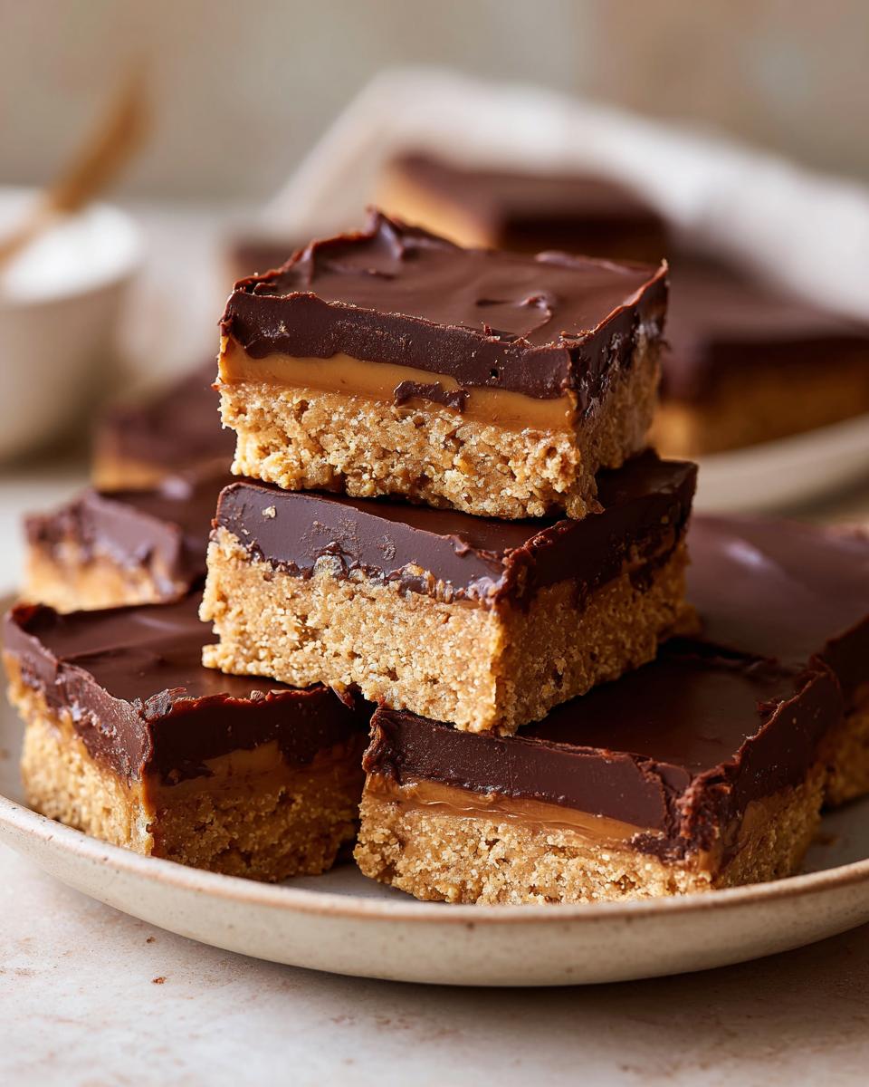 A stack of no bake chocolate peanut butter bars with a crunchy base, creamy peanut butter layer, and chocolate topping.