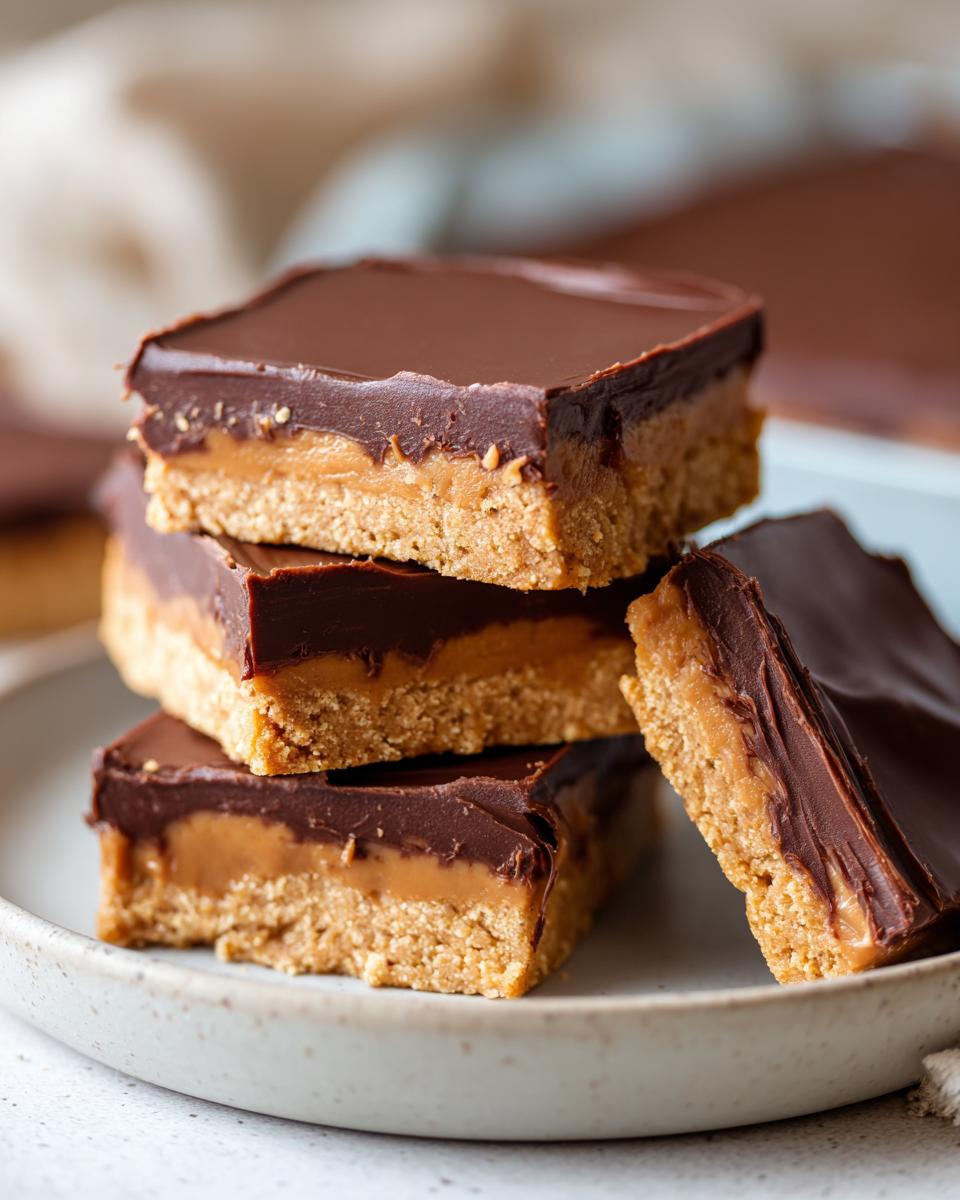 A close-up of a stack of no bake chocolate peanut butter bars, showing the layers of peanut butter and chocolate.