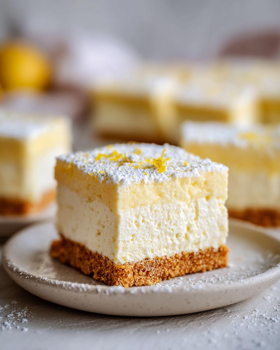 A close-up of a no bake lemon cheesecake bar on a plate, topped with powdered sugar and lemon zest.