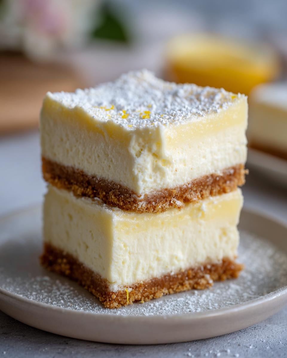 Two stacked no bake lemon cheesecake bars on a plate, dusted with powdered sugar and lemon zest.
