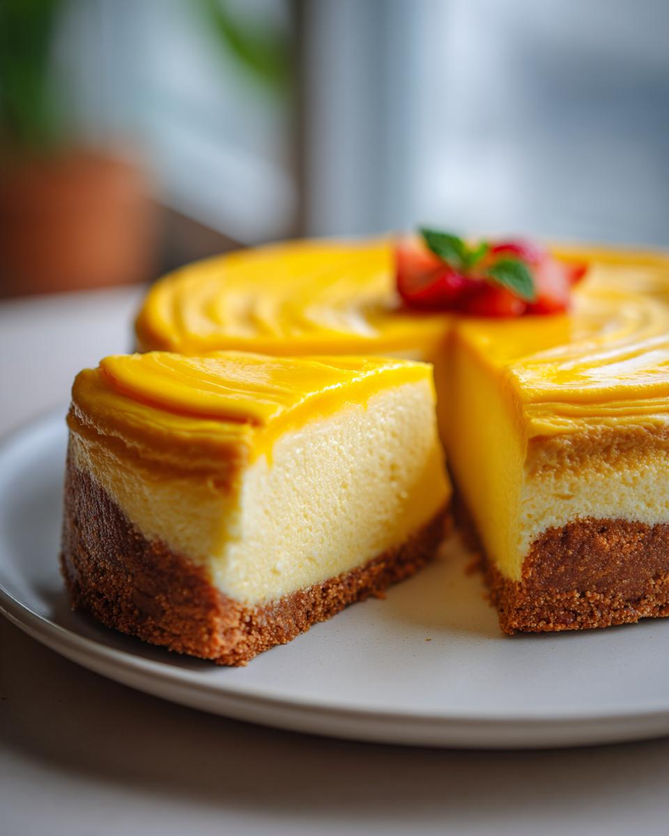 A slice of no bake mango cheesecake with a graham cracker crust, topped with mango puree and a strawberry and mint garnish.