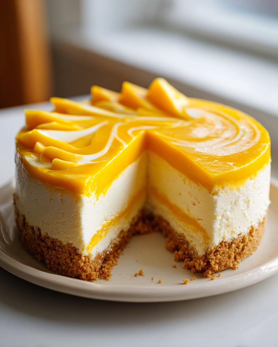 A slice removed from a no bake mango cheesecake, showcasing creamy white filling, mango swirl topping, and a crumb crust.