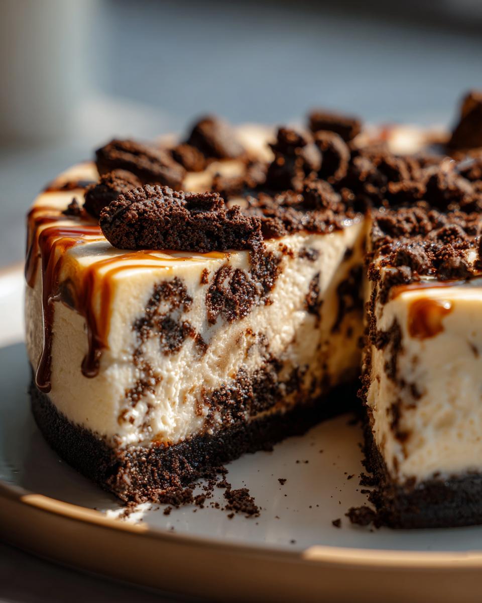 A decadent slice of no bake Oreo cheesecake with chocolate cookie crust and caramel drizzle.
