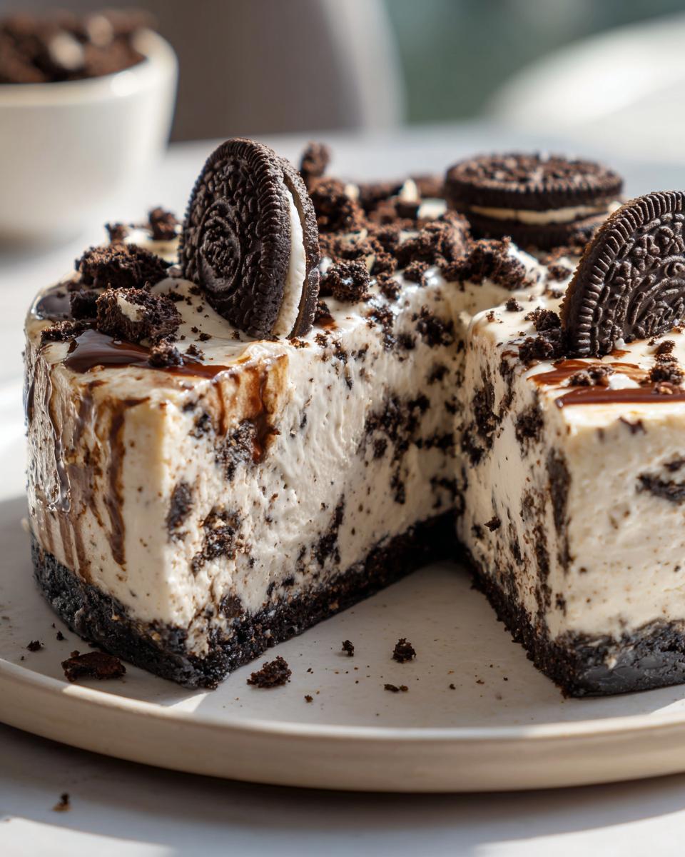 A slice of no bake Oreo cheesecake with whole Oreos and cookie crumbles on top.