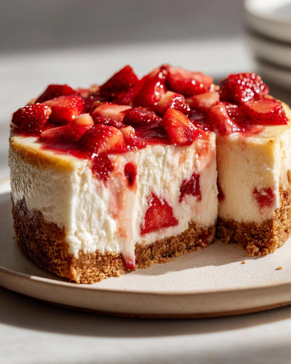 A slice of no bake strawberry cheesecake on a plate, topped with fresh strawberries and strawberry sauce.