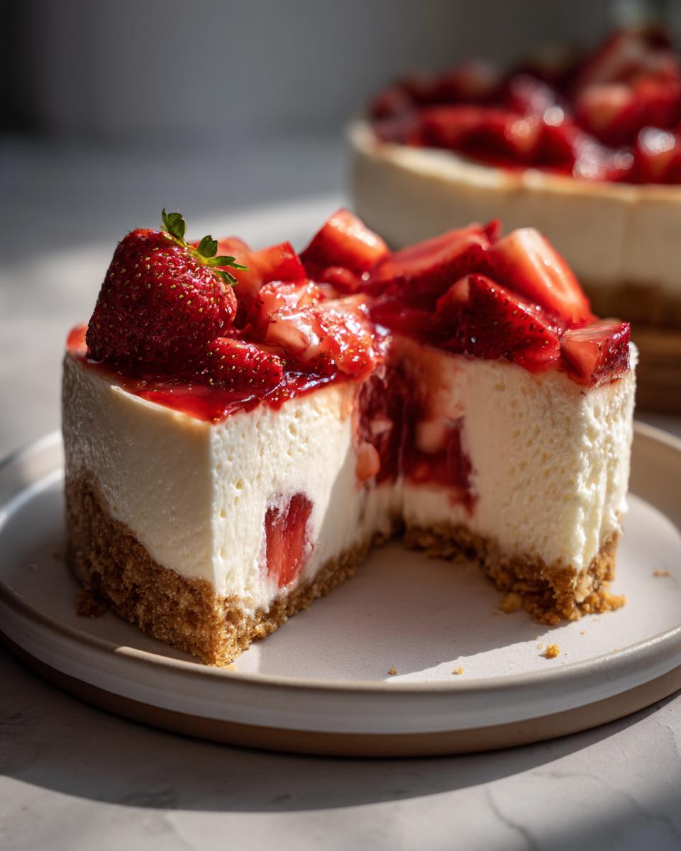 A slice of no bake strawberry cheesecake with a graham cracker crust, topped with fresh strawberries and strawberry glaze.