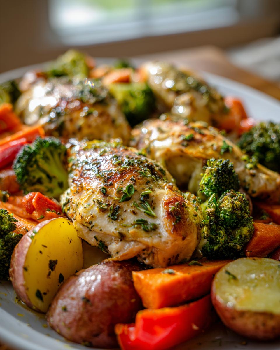A close-up of a platter filled with one pan lemon herb chicken and veggies, including broccoli, carrots, potatoes, and red peppers.
