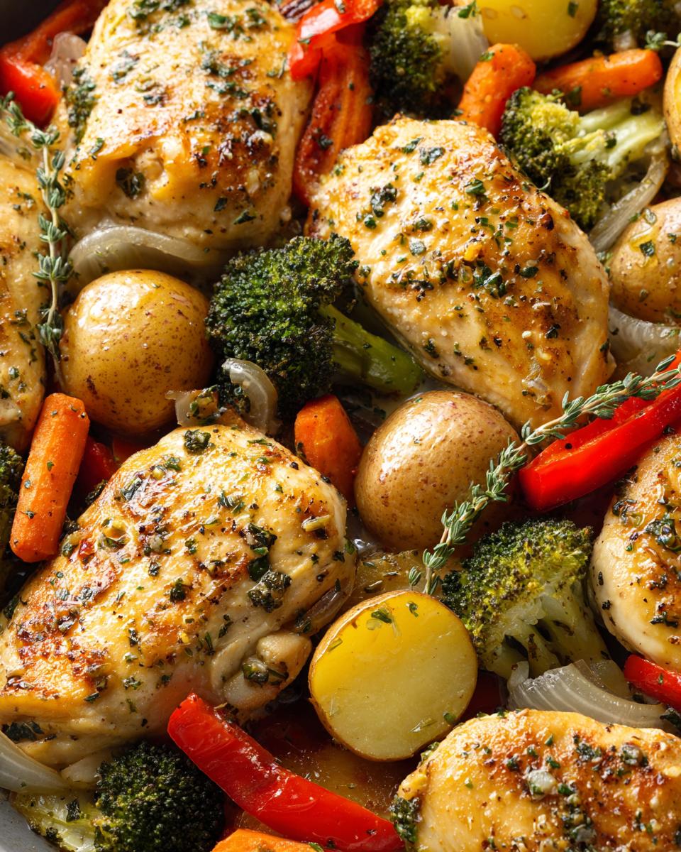 A close-up view of a one pan lemon herb chicken and veggies dish, featuring golden-brown chicken breasts, potatoes, broccoli, carrots, and red peppers.