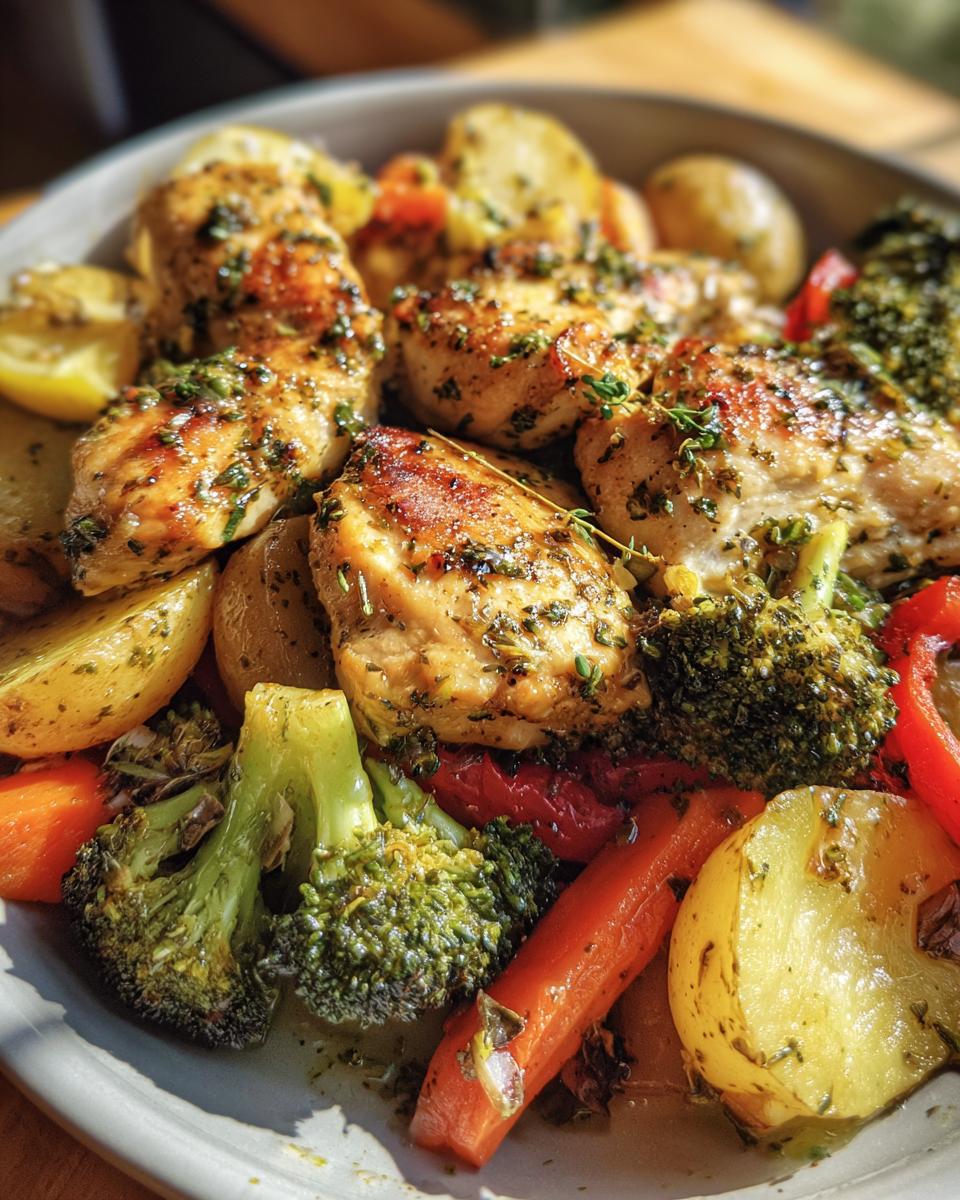 A close-up of a delicious one pan lemon herb chicken and veggies dish, featuring golden-brown chicken pieces, roasted potatoes, broccoli, carrots, and red peppers.