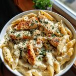 A close-up of a bowl filled with creamy one pot chicken alfredo pasta, topped with seasoned chicken pieces and parsley.