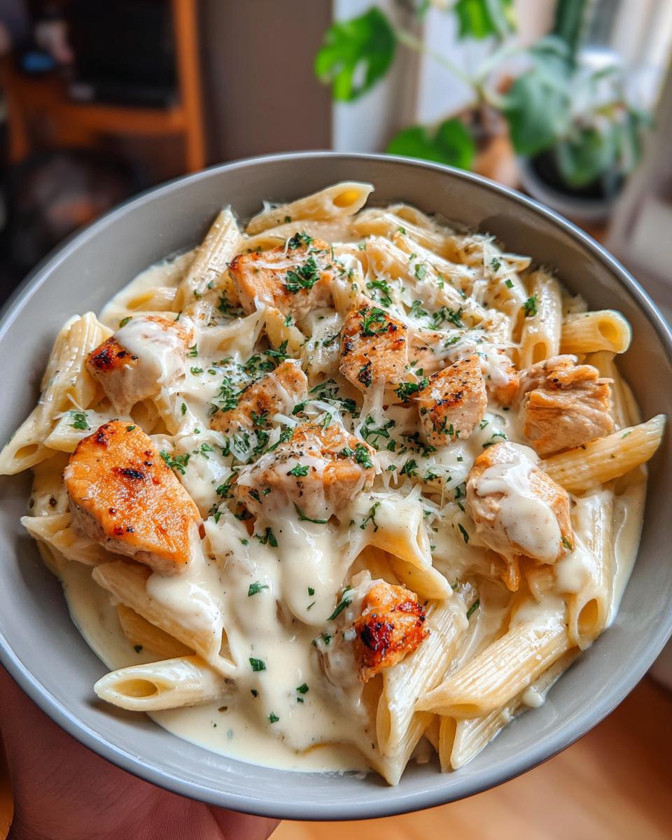 A close-up of a bowl of creamy one pot chicken alfredo pasta with penne noodles and grilled chicken pieces.