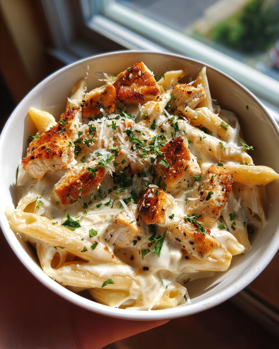 A close-up of a bowl filled with creamy one pot chicken alfredo pasta, topped with grilled chicken pieces and parsley.