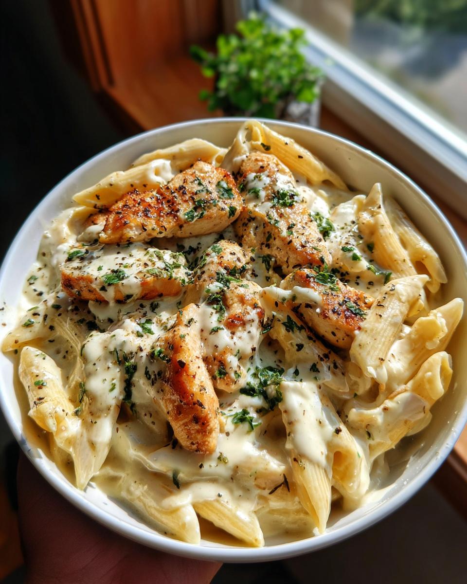 A bowl of creamy one pot chicken alfredo pasta topped with seasoned chicken pieces and parsley.