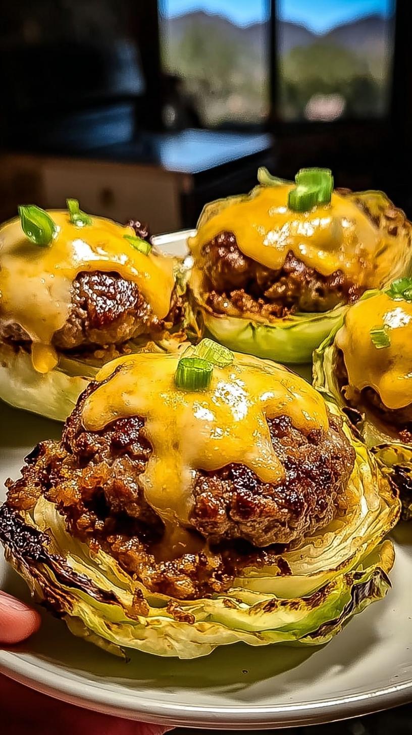 Close-up of oven baked cabbage burgers topped with melted cheese and green onions.