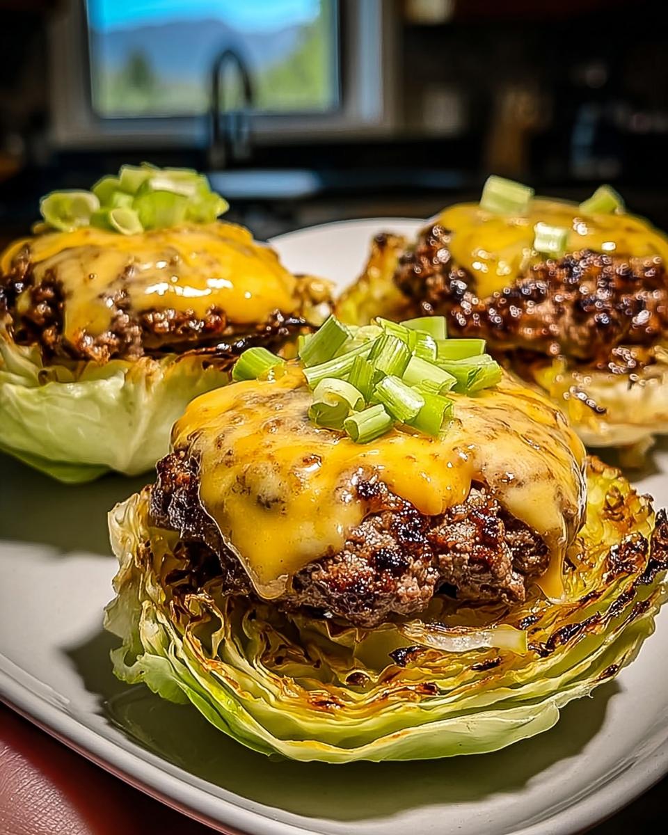 Three oven baked cabbage burgers topped with melted cheese and chopped green onions, served on a bed of roasted cabbage wedges.